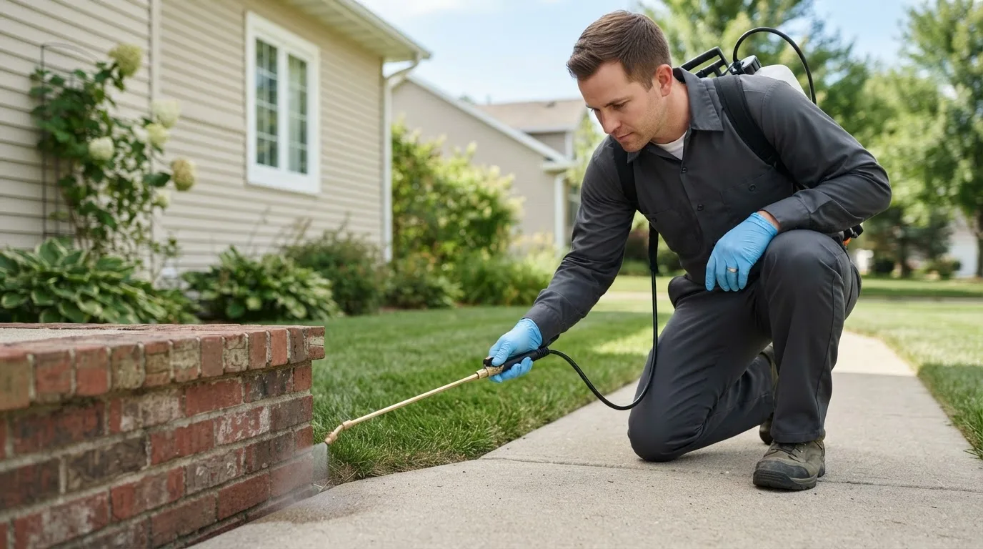 Pest control technician treating a home near Charlestown, RI